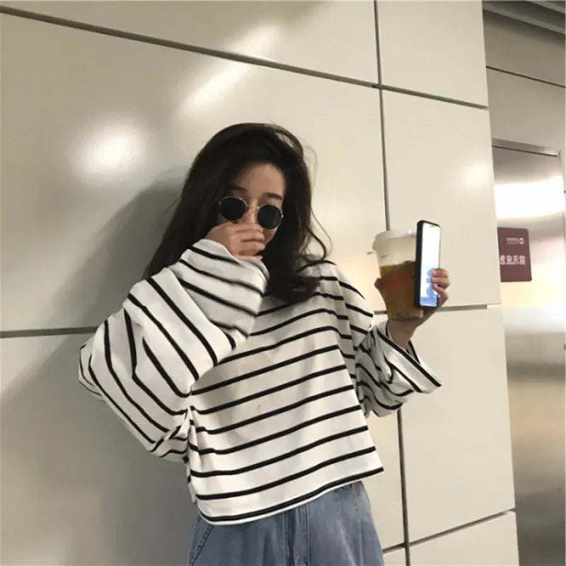 LVSANW Woman's Tshirts spring/summer Korean style stripe long sleeve O neck loose sale Ladies tops tee shirt dropshipping ZBBA63