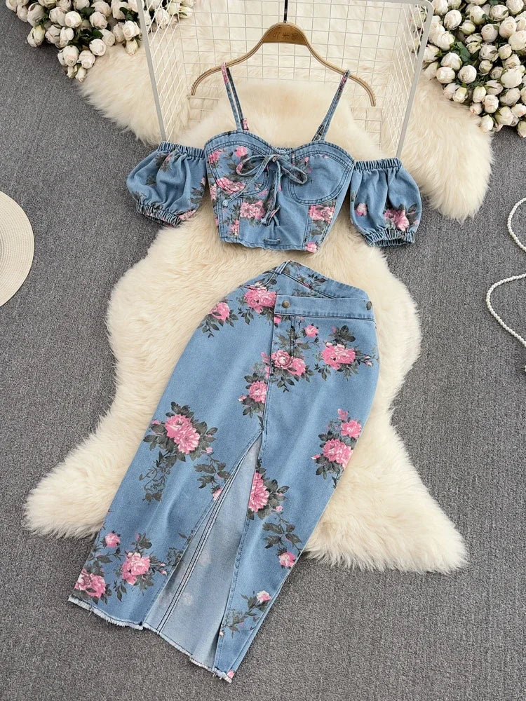 LVSANW Women 2 Piece Set Denim Fashion Female Hot Girl Chic Sexy Sling Top High Waist Irregular Split Skirt Summer Lady Suit