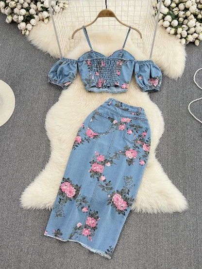 LVSANW Women 2 Piece Set Denim Fashion Female Hot Girl Chic Sexy Sling Top High Waist Irregular Split Skirt Summer Lady Suit