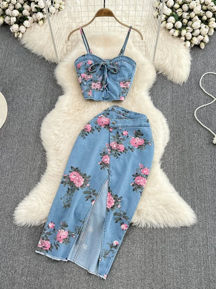 LVSANW Women 2 Piece Set Denim Fashion Female Hot Girl Chic Sexy Sling Top High Waist Irregular Split Skirt Summer Lady Suit