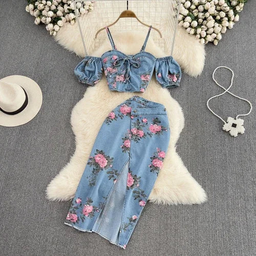 LVSANW Women 2 Piece Set Denim Fashion Female Hot Girl Chic Sexy Sling Top High Waist Irregular Split Skirt Summer Lady Suit