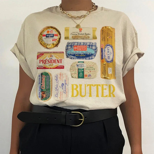 LVSANW Women 90s Retro Butter Graphic T-Shirts Funny Butter Lover T Shirt Cute Foodie Tee Shirt Unisex Vintage Grunge Aesthetic Clothes