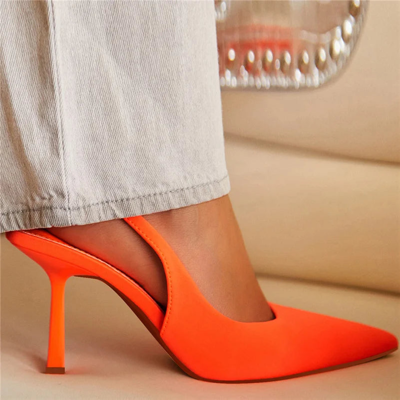 LVSANW Women 9cm High Heels Pumps Neon Orange Green Sandals Lady Slingback Mules Pointed Toe Mid Heels Party Fetish Prom Wedding Shoes