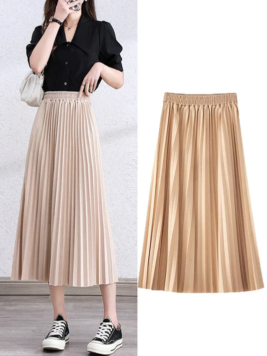 LVSANW Women A-Line pleated Skirt Spring Summer long Skirts for female Mid-Calf high elastic waist knitted Skirt high quality