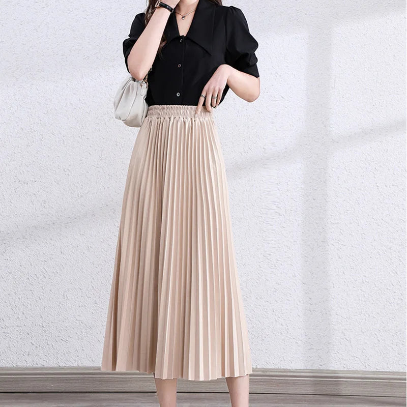 LVSANW Women A-Line pleated Skirt Spring Summer long Skirts for female Mid-Calf high elastic waist knitted Skirt high quality