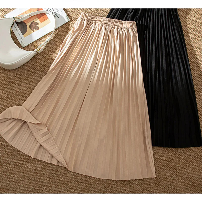 LVSANW Women A-Line pleated Skirt Spring Summer long Skirts for female Mid-Calf high elastic waist knitted Skirt high quality