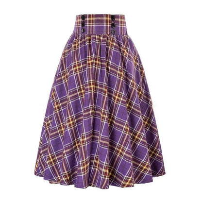 LVSANW Women A-line Skirt Plaid Print A-line Midi Skirt with Elastic High Waist for Women Stylish Contrast Color Hem Mid-calf for Wear