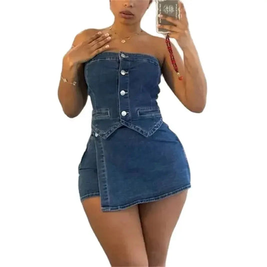 LVSANW Women Apron Decoration Shorts Two Piece Sets Single-breasted Cardigan Backless T-Shirt Denim Female Suits Casual Streetwear 2024