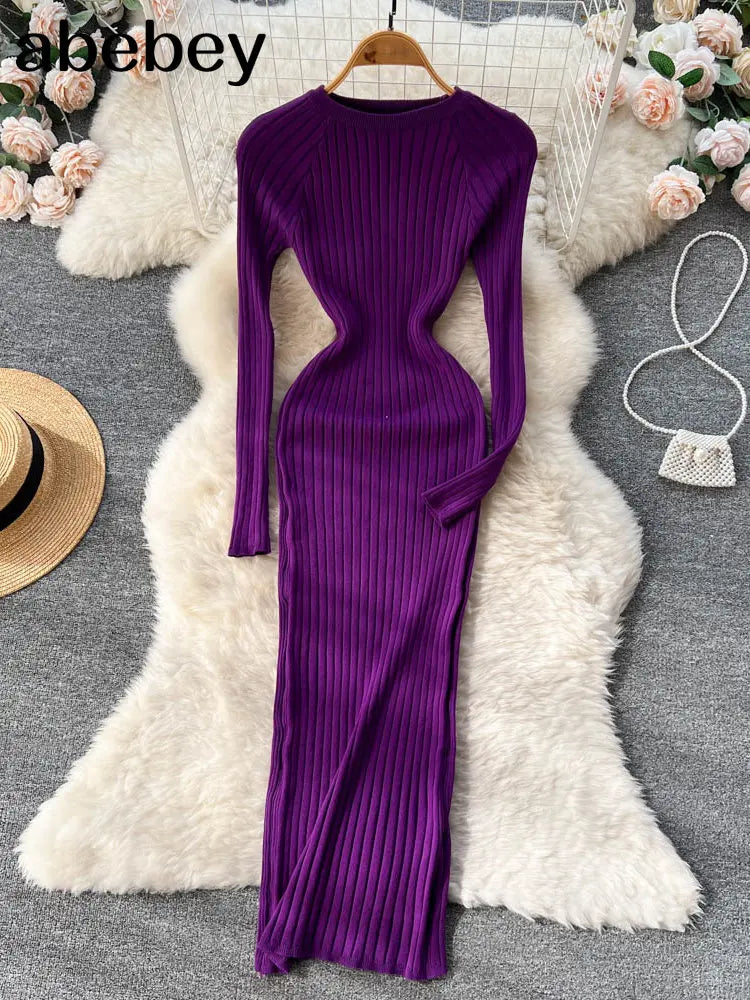 LVSANW Women Autumn Knitted Dress O Neck Sexy Slim Elastic Oversized Basic Bodycon Long Dress Winter knit Warm Sweater Dresses