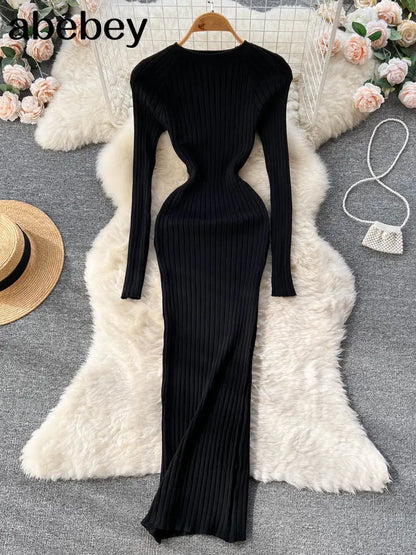 LVSANW Women Autumn Knitted Dress O Neck Sexy Slim Elastic Oversized Basic Bodycon Long Dress Winter knit Warm Sweater Dresses