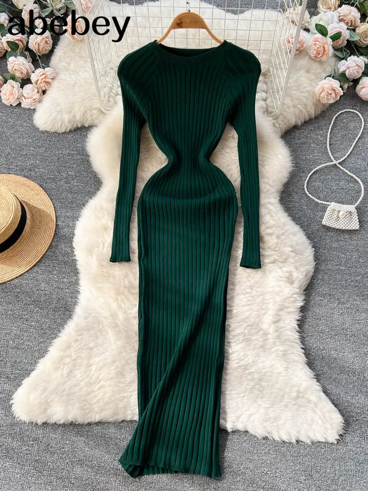 LVSANW Women Autumn Knitted Dress O Neck Sexy Slim Elastic Oversized Basic Bodycon Long Dress Winter knit Warm Sweater Dresses