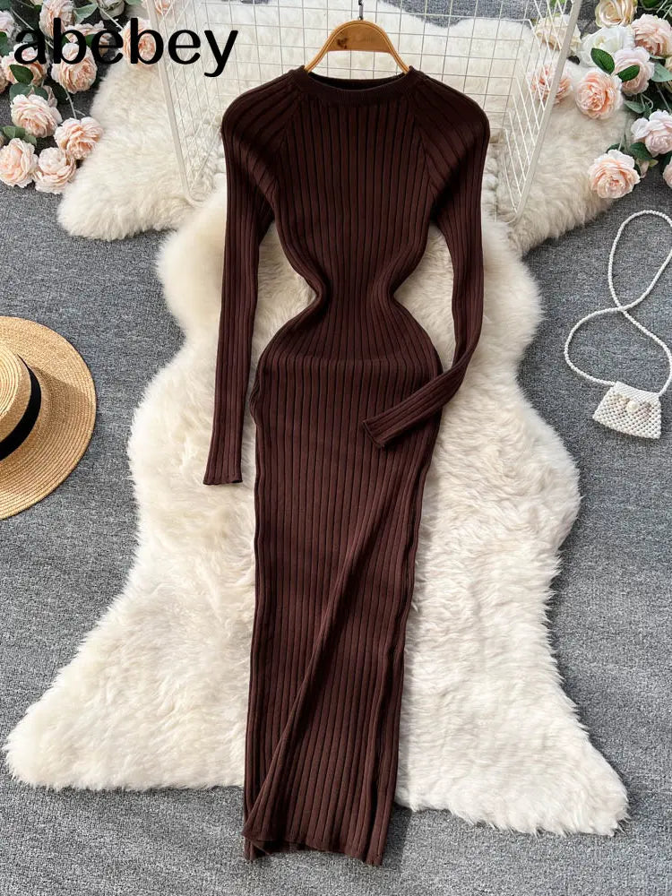 LVSANW Women Autumn Knitted Dress O Neck Sexy Slim Elastic Oversized Basic Bodycon Long Dress Winter knit Warm Sweater Dresses