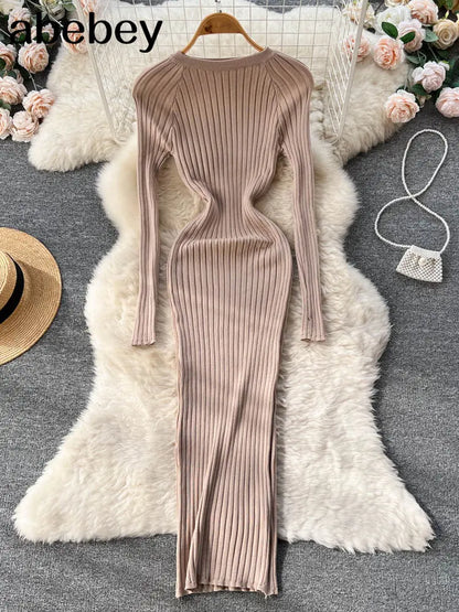 LVSANW Women Autumn Knitted Dress O Neck Sexy Slim Elastic Oversized Basic Bodycon Long Dress Winter knit Warm Sweater Dresses