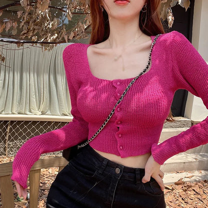 LVSANW Women Autumn Long Sleeve Sweater Square Neck Slim Crop Top Female Winter Korean Solid Short Button Knitted Tops Chic Sweaters