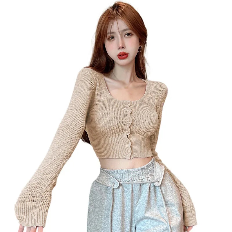 LVSANW Women Autumn Long Sleeve Sweater Square Neck Slim Crop Top Female Winter Korean Solid Short Button Knitted Tops Chic Sweaters