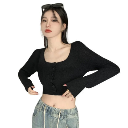 LVSANW Women Autumn Long Sleeve Sweater Square Neck Slim Crop Top Female Winter Korean Solid Short Button Knitted Tops Chic Sweaters