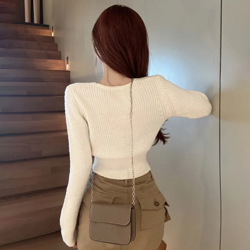 LVSANW Women Autumn Long Sleeve Sweater Square Neck Slim Crop Top Female Winter Korean Solid Short Button Knitted Tops Chic Sweaters