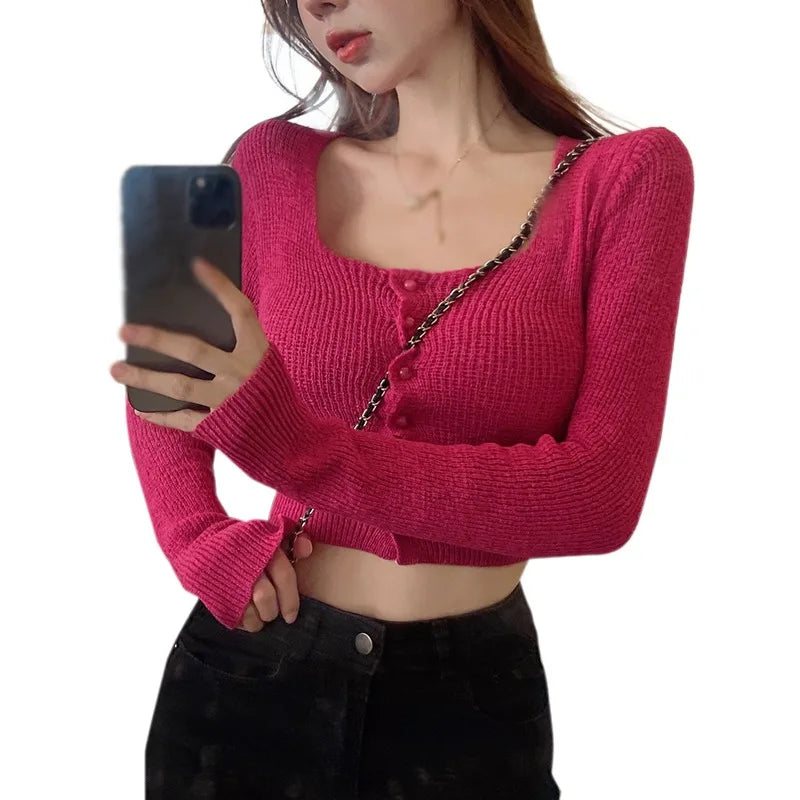 LVSANW Women Autumn Long Sleeve Sweater Square Neck Slim Crop Top Female Winter Korean Solid Short Button Knitted Tops Chic Sweaters