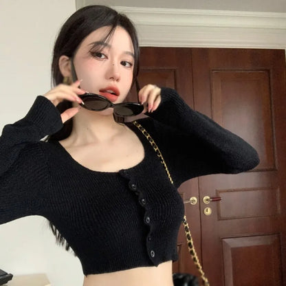 LVSANW Women Autumn Long Sleeve Sweater Square Neck Slim Crop Top Female Winter Korean Solid Short Button Knitted Tops Chic Sweaters