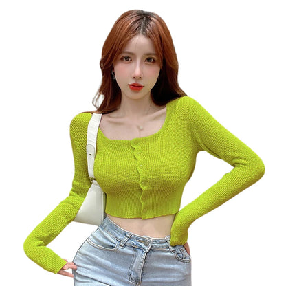 LVSANW Women Autumn Long Sleeve Sweater Square Neck Slim Crop Top Female Winter Korean Solid Short Button Knitted Tops Chic Sweaters