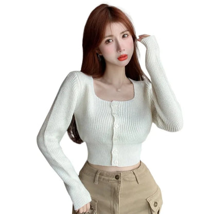 LVSANW Women Autumn Long Sleeve Sweater Square Neck Slim Crop Top Female Winter Korean Solid Short Button Knitted Tops Chic Sweaters