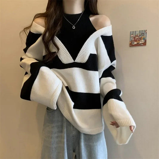 LVSANW Women Autumn Spring Loose Striped Knitted Sweater Off Shoulder O Neck Long Sleeve Sexy Casual Knitwear Pullover Jumper Female