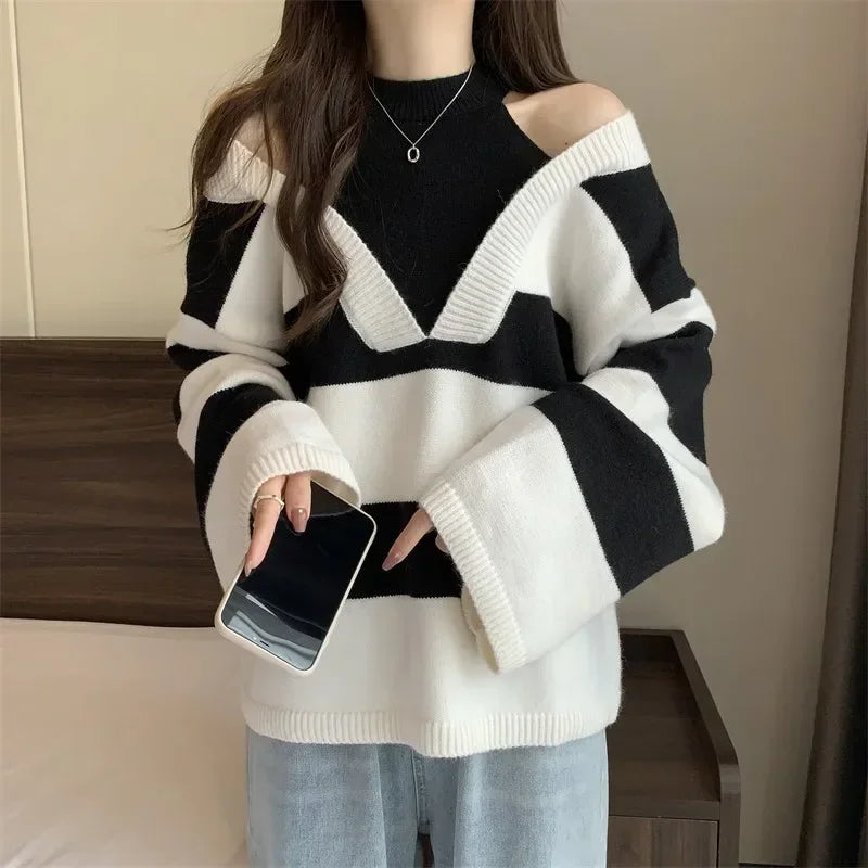 LVSANW Women Autumn Spring Loose Striped Knitted Sweater Off Shoulder O Neck Long Sleeve Sexy Casual Knitwear Pullover Jumper Female