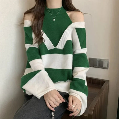 LVSANW Women Autumn Spring Loose Striped Knitted Sweater Off Shoulder O Neck Long Sleeve Sexy Casual Knitwear Pullover Jumper Female