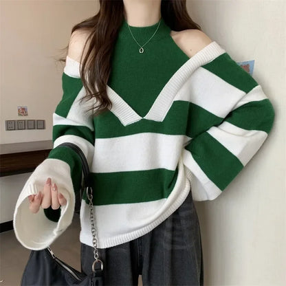 LVSANW Women Autumn Spring Loose Striped Knitted Sweater Off Shoulder O Neck Long Sleeve Sexy Casual Knitwear Pullover Jumper Female