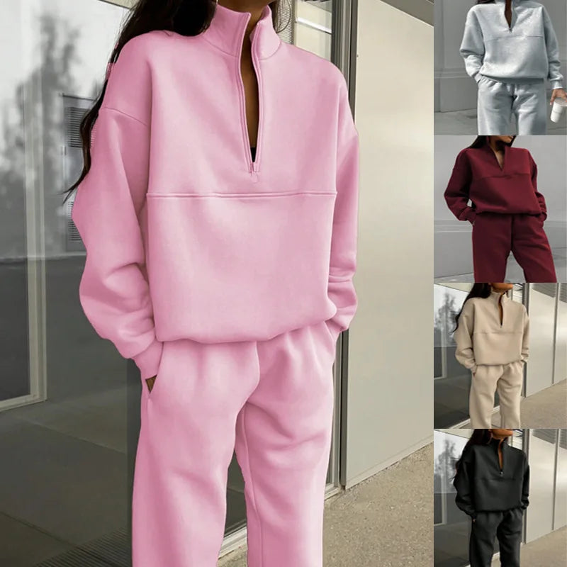 LVSANW Women Autumn Winter Hoodie Sets Two Piece Sets Solid Pullover Zipper Hoodies And Pant Trousers With Pocket 2 PCS Set Sports Suit