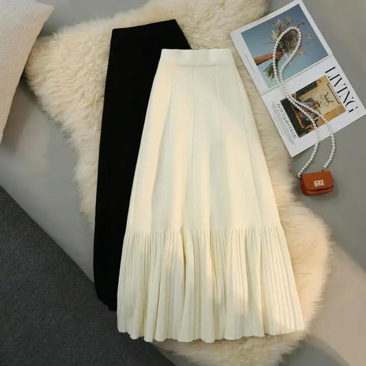 LVSANW Women Autumn Winter Knitted Long Skirt Korean Style Elastic High Waist Female Knit Fashion Pleated Skirts Y2k Woman Clothing