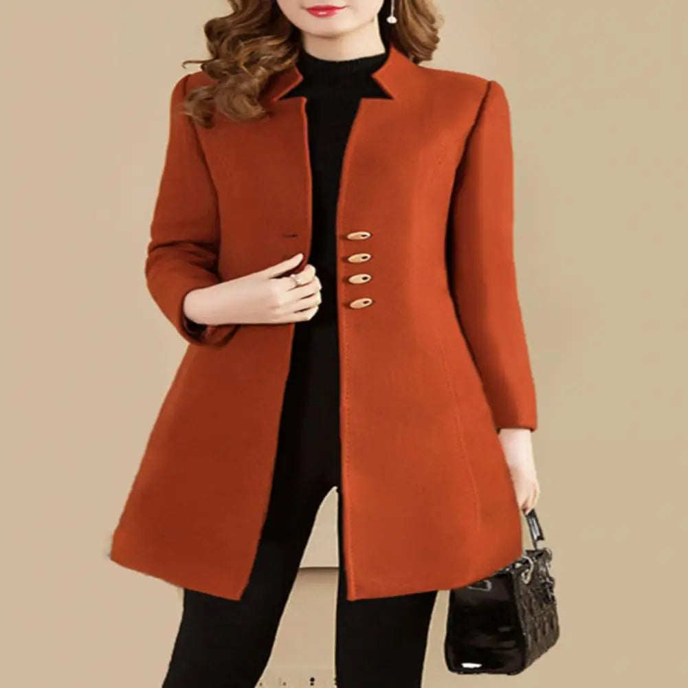 LVSANW Women Autumn Winter Mid-length Woolen Coat Notched Collar Long Sleeve Single-breasted Slim Fit Female Outerwear Solid Color Coat