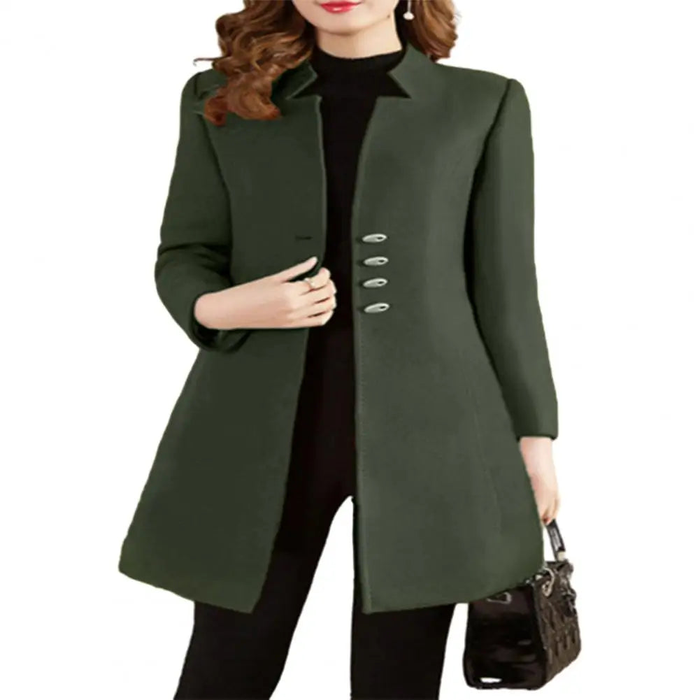 LVSANW Women Autumn Winter Mid-length Woolen Coat Notched Collar Long Sleeve Single-breasted Slim Fit Female Outerwear Solid Color Coat