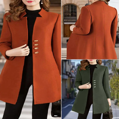 LVSANW Women Autumn Winter Mid-length Woolen Coat Notched Collar Long Sleeve Single-breasted Slim Fit Female Outerwear Solid Color Coat