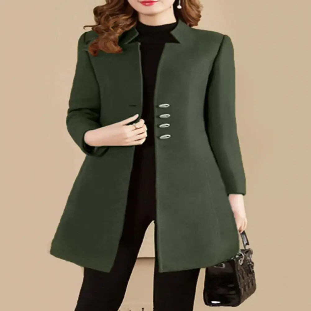 LVSANW Women Autumn Winter Mid-length Woolen Coat Notched Collar Long Sleeve Single-breasted Slim Fit Female Outerwear Solid Color Coat