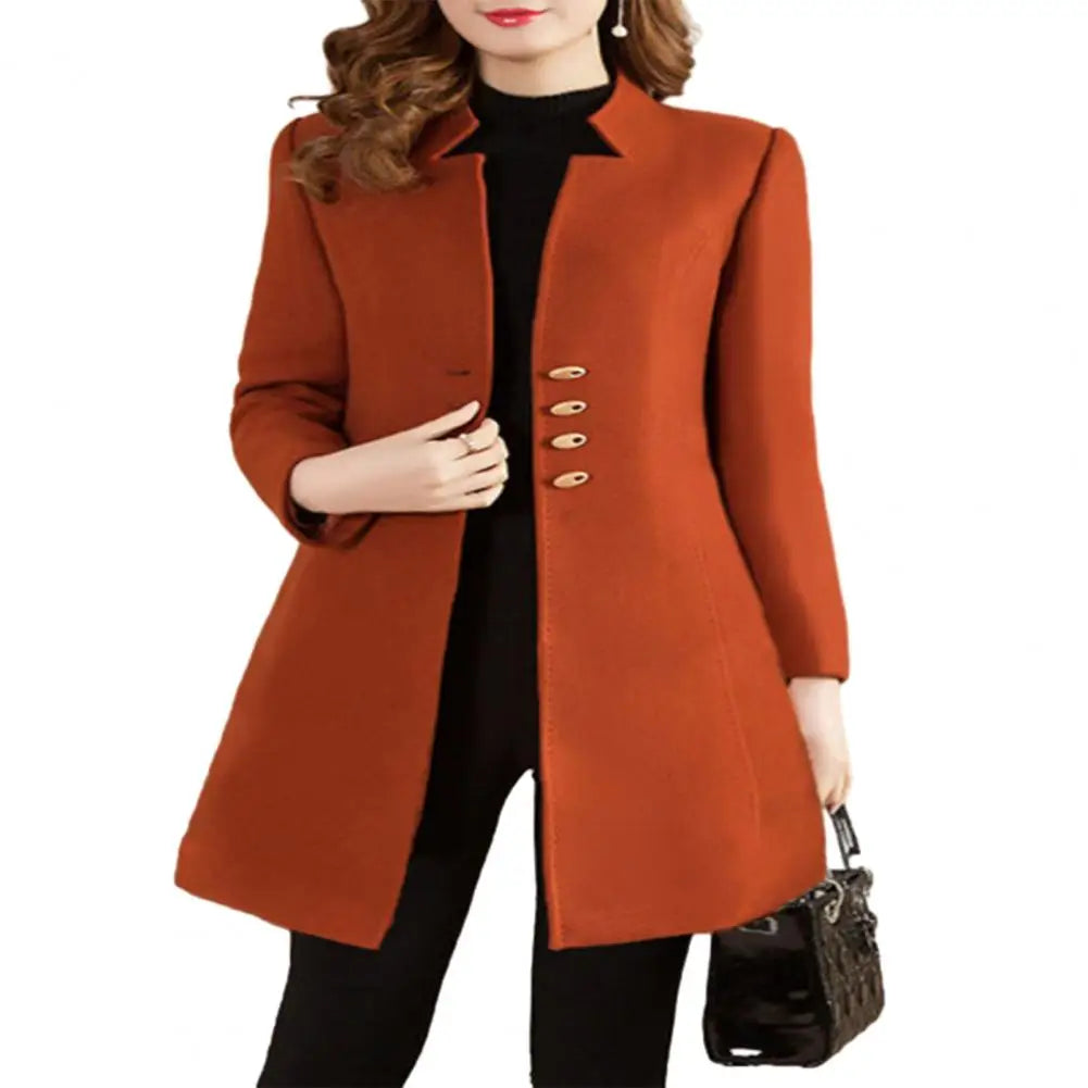 LVSANW Women Autumn Winter Mid-length Woolen Coat Notched Collar Long Sleeve Single-breasted Slim Fit Female Outerwear Solid Color Coat