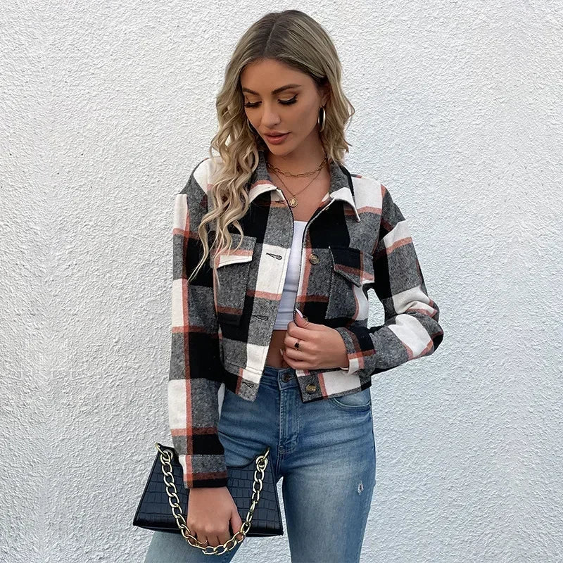 LVSANW Women Autumn Winter Short Coat Jacket Long Sleeve Plaid Pockets Fashion Single Breasted Button Outwear Jackets