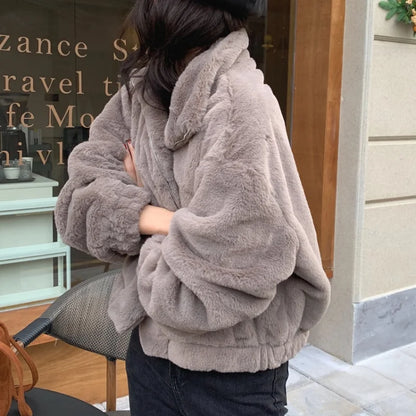 LVSANW Women Autumn Winter Thicken Warm Coat Stand-Collar Loose Fur Plush Zipper Jacket Soft Comfortable Casual Simple Solid Outerwear