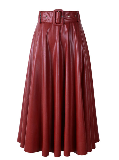 LVSANW Women Autumn Winter Vintage PU Faux Leather Long Skirts Lady Elegant High Waist A-Line Midi Mid-Calf Maxi Burgundy Wine Red Belt