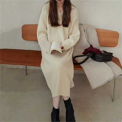 LVSANW Women Autumn and Winter Retro Long Turtleneck Sweater Dress Straight Thickened Long sleeve Base Skirt Zip-up Lapel Knitted dress