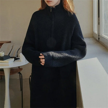 LVSANW Women Autumn and Winter Retro Long Turtleneck Sweater Dress Straight Thickened Long sleeve Base Skirt Zip-up Lapel Knitted dress