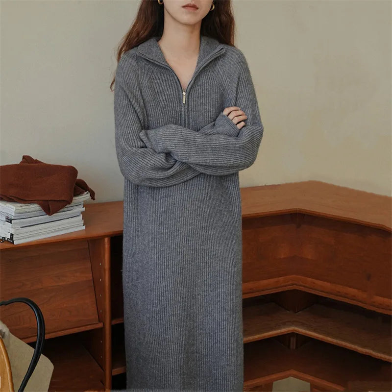 LVSANW Women Autumn and Winter Retro Long Turtleneck Sweater Dress Straight Thickened Long sleeve Base Skirt Zip-up Lapel Knitted dress