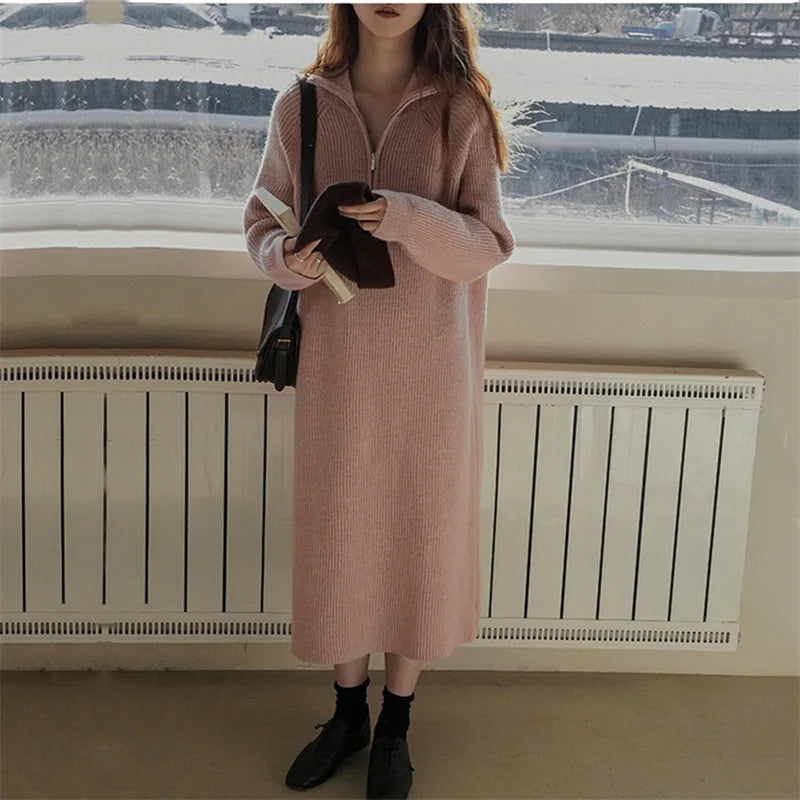 LVSANW Women Autumn and Winter Retro Long Turtleneck Sweater Dress Straight Thickened Long sleeve Base Skirt Zip-up Lapel Knitted dress