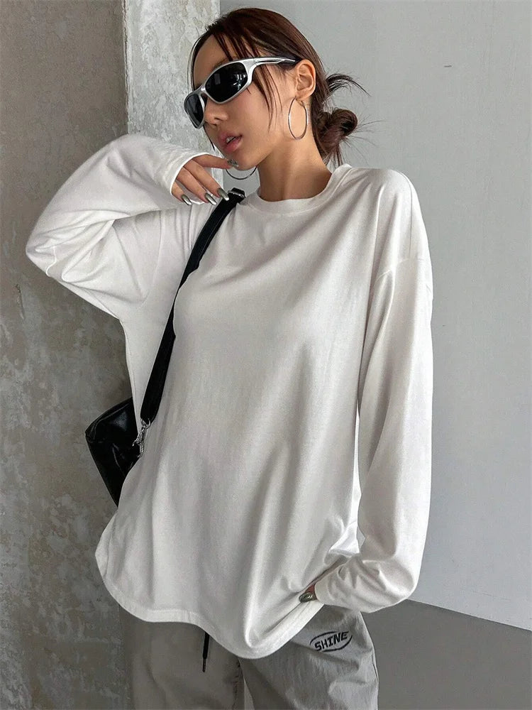 LVSANW Women Basic Long Sleeve Loose O-neck T-shirt Autumn Winter Solid Color Tee Top Streetwear