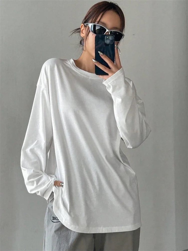 LVSANW Women Basic Long Sleeve Loose O-neck T-shirt Autumn Winter Solid Color Tee Top Streetwear