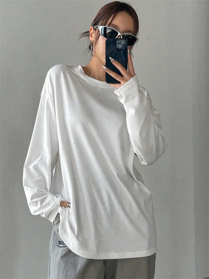 LVSANW Women Basic Long Sleeve Loose O-neck T-shirt Autumn Winter Solid Color Tee Top Streetwear