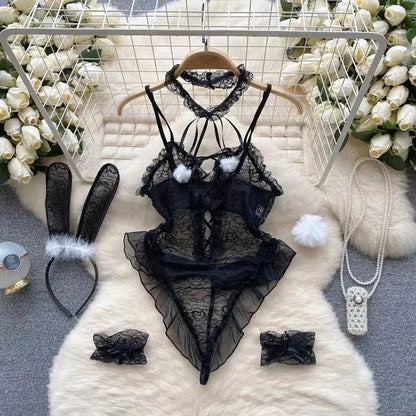 LVSANW Women Beaded Lace Strappy Rompers Lingerie One Piece Combination Catsuits Elastic Onesie Fashion Erotic Sexy Bodysuits Patchwork