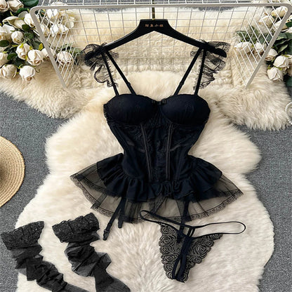 LVSANW Women Beaded Lace Strappy Rompers Lingerie One Piece Combination Catsuits Elastic Onesie Fashion Erotic Sexy Bodysuits Patchwork