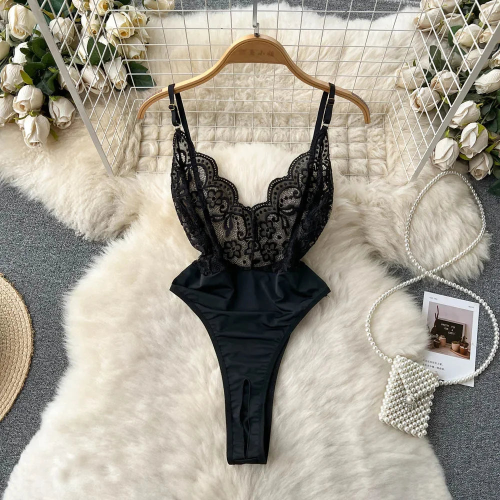 LVSANW Women Beaded Lace Strappy Rompers Lingerie One Piece Combination Catsuits Elastic Onesie Fashion Erotic Sexy Bodysuits Patchwork