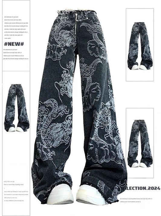 LVSANW Women Black Gothic Dragon Print Jeans Baggy Vintage Aesthetic Cowboy Pants Harajuku Denim Trousers Y2k Trashy 2000s Clothes 2024